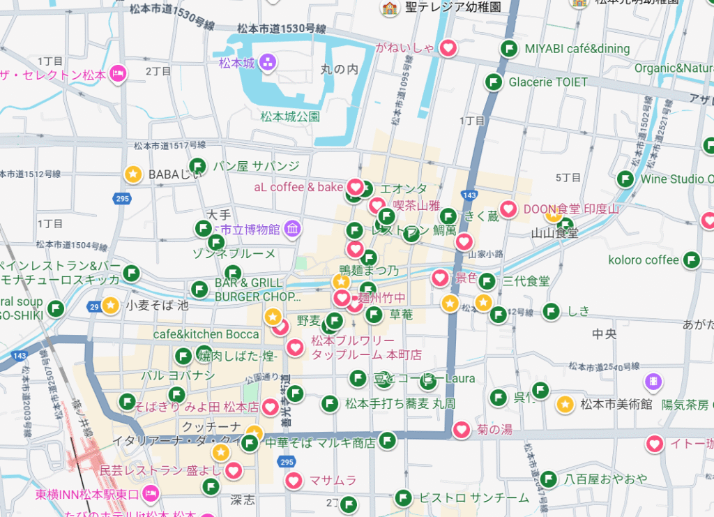 松本市で行きたい店リスト(Google Mapsより)